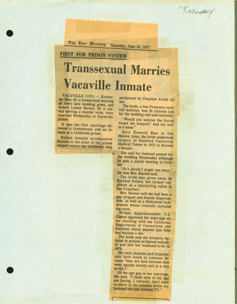 Download the full-sized PDF of First for Our Prison System: Transsexual Marries Vacaville Inmate