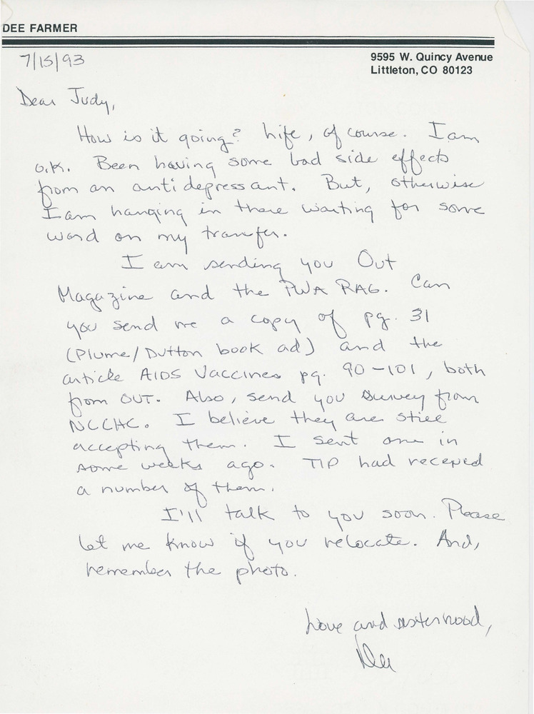 Download the full-sized PDF of Letter from Dee Farmer Asking for Materials