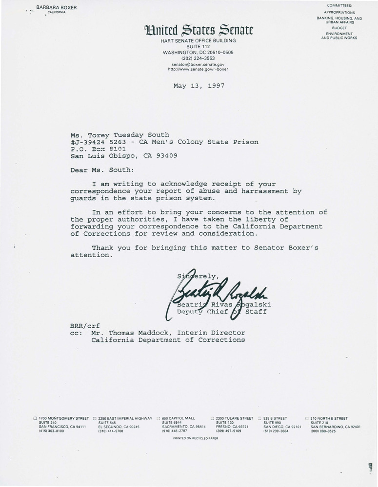 Download the full-sized PDF of Letter from Office of Senator Boxer to Torey Tuesday South