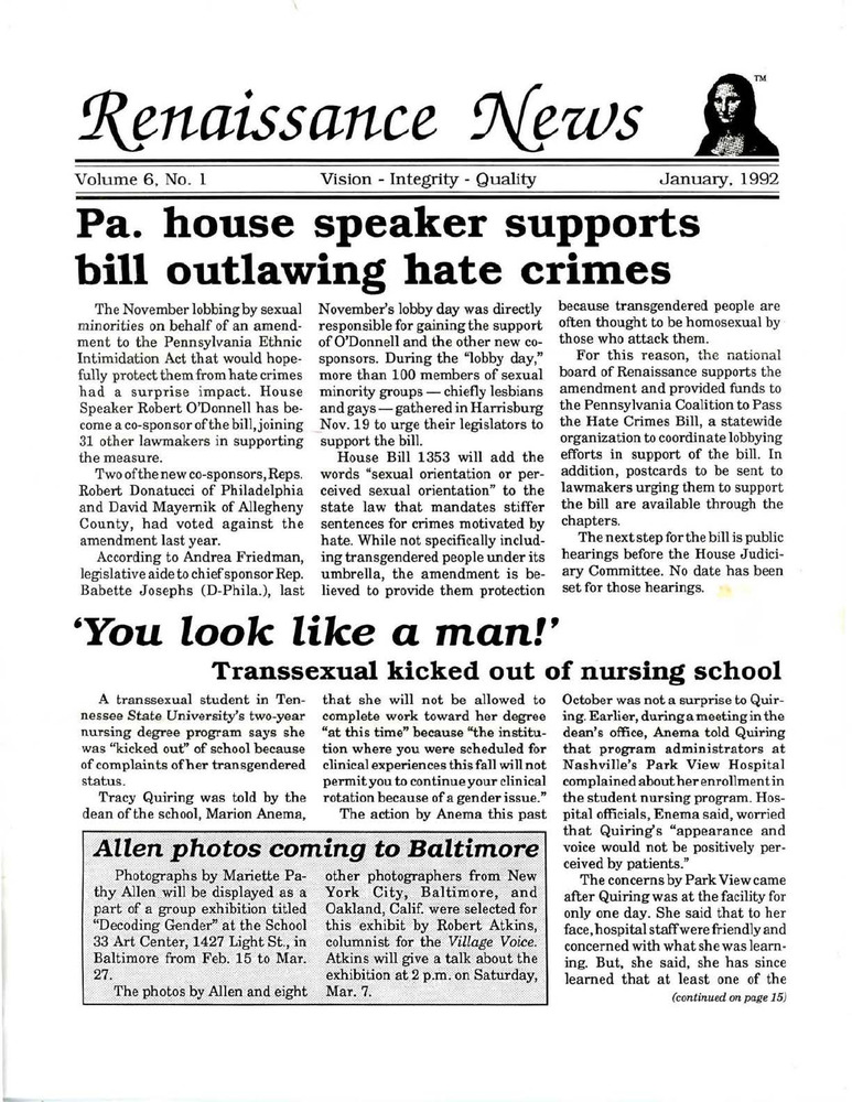 Download the full-sized PDF of Renaissance News. Vol. 6 No. 1 (January 1992)