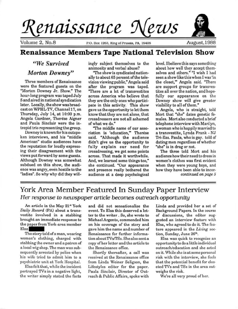 Download the full-sized PDF of Renaissance News, Vol. 2 No. 8 (August 1988)