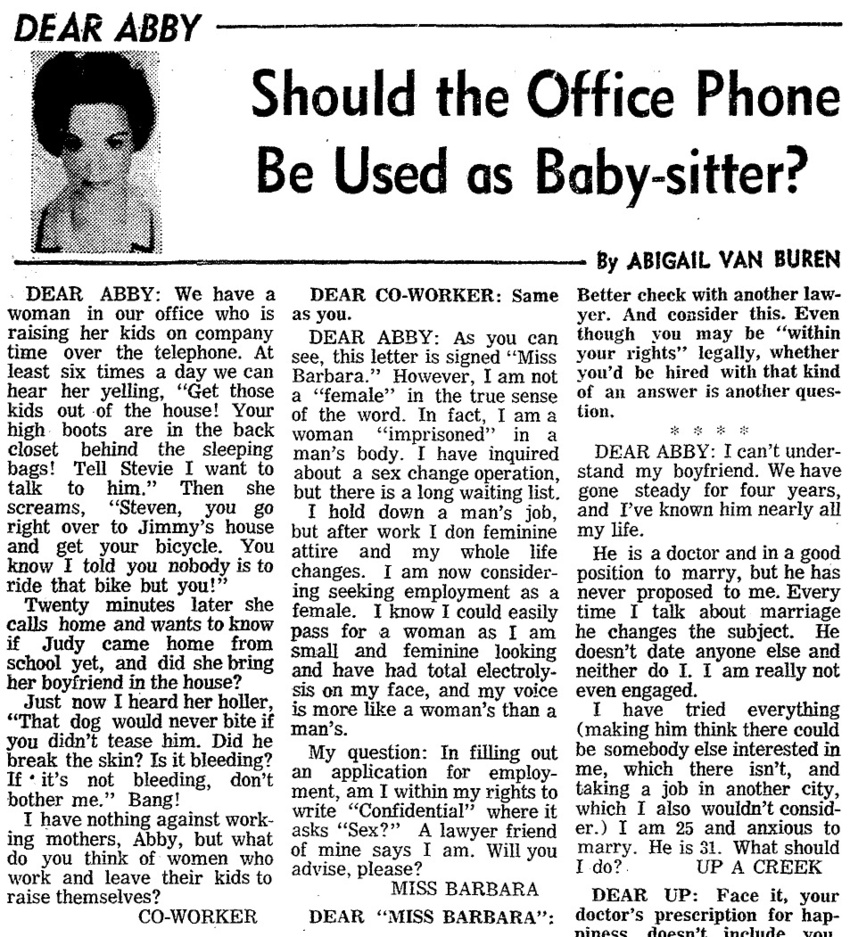 Download the full-sized image of Dear Abby: Should the Office Phone Be Used as Baby-sitter?