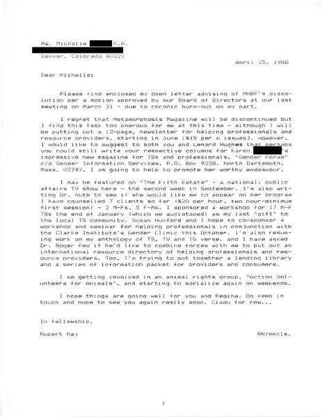 Download the full-sized image of Letter from Rupert Raj to Michelle (April 25, 1988)