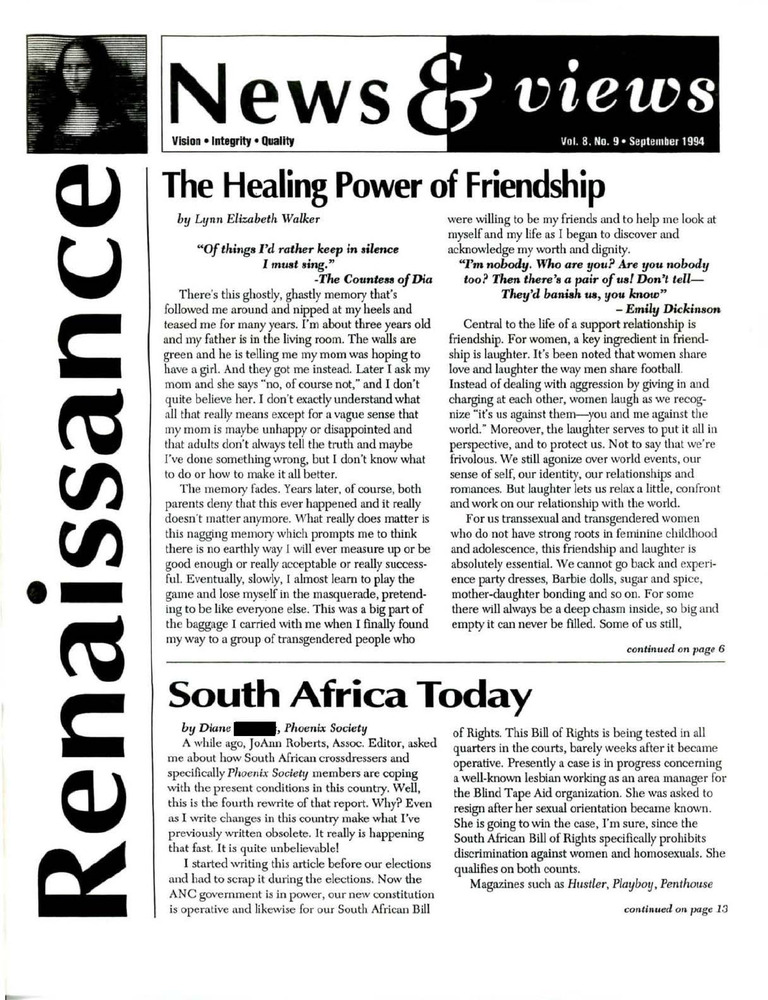 Download the full-sized PDF of Renaissance News & Views, Vol. 8 No. 9 (September 1994)