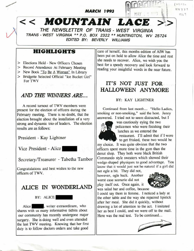 Download the full-sized PDF of Mountain Lace: The Newsletter of Trans - West Virginia (March, 1993)